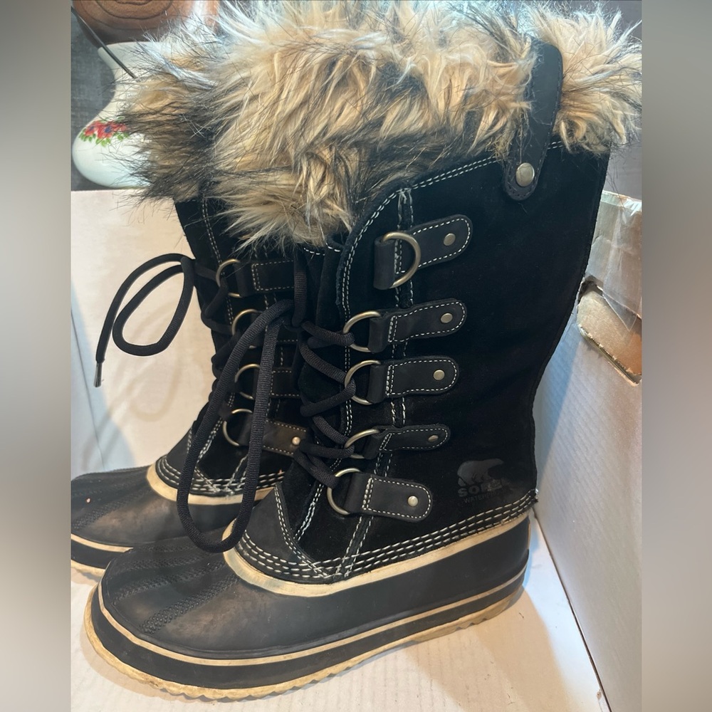 Sorel Joan Of Arctic Black Faux Fur Mid-Calf Lace-Up Snow Womens Boots Size 7
